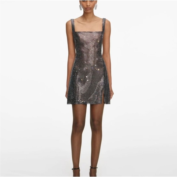 Self-Portrait Gunmetal Rhinestone Mesh Mini Dress US4 - Picture 2 of 8